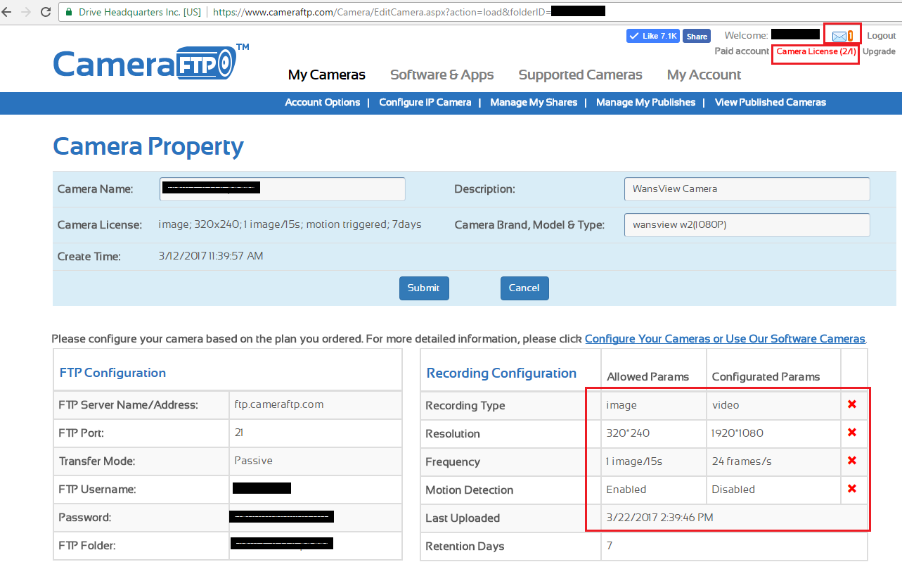 Check IP camera configuration info (compare with the ordered parameters)